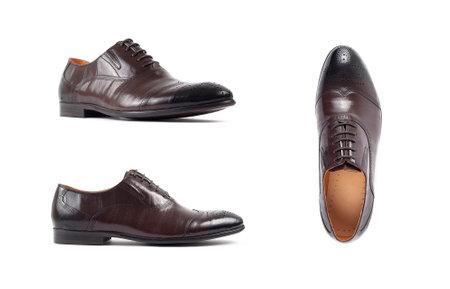 Men's brown shoes, shoe isolated white background. Side view, top view and soleの写真素材