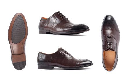 Men's brown shoes, shoe isolated white background. Side view, top view and soleの写真素材