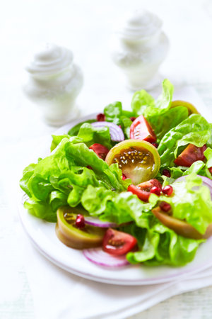 Salad with tomatoes, cucumbers and red onions on a white backgroundの写真素材
