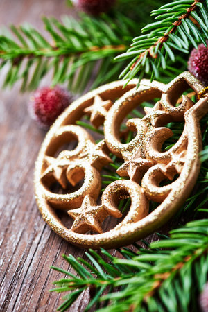 Christmas decoration on the wooden background, Christmas tree and decorationの写真素材