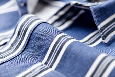 Close up of men's shirts in blue and white stripe pattern.