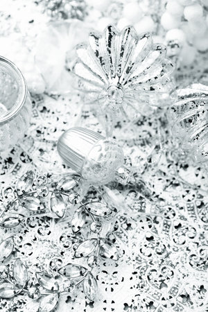 Christmas background with ornaments and glass on white backgroundの写真素材