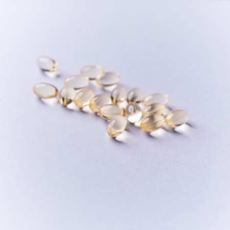 Cod liver oil omega 3 gel capsules on white background. Fish oil capsules.の写真素材
