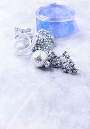 Christmas decorations on a light background. Selective focus. Holiday.の写真素材