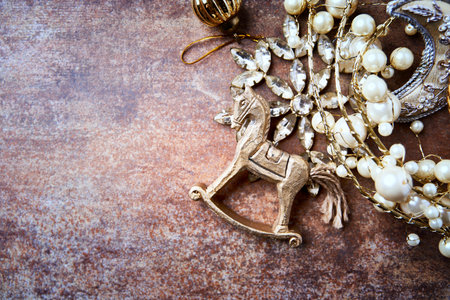 Christmas decoration on rustic background with copy space. Top view.の写真素材