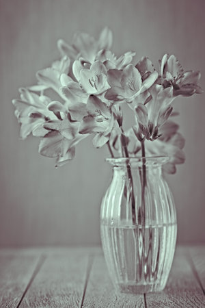 Bouquet of freesia in glass vase on wooden backgroundの写真素材