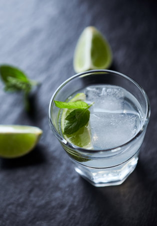 Mojito cocktail with lime, mint and ice on dark backgroundの写真素材