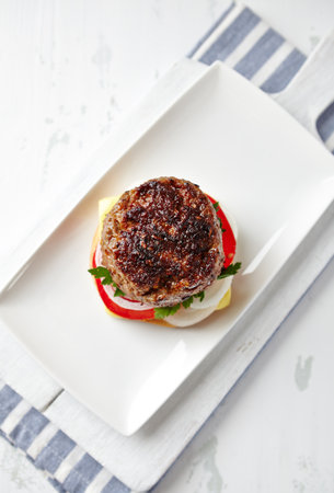 Grilled hamburger with onion and tomato on a white plate.の写真素材
