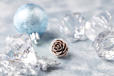 Christmas decorations on a blue background. Selective focus.の写真素材