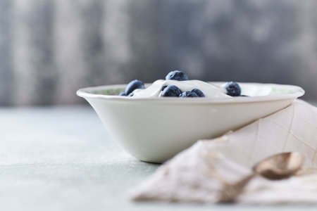 Homemade yogurt with fresh blueberries in a white bowl, selective focus.の写真素材