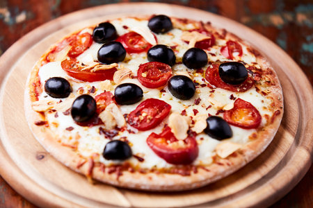 Pizza with mozzarella cheese, tomatoes and olives on wooden backgroundの写真素材