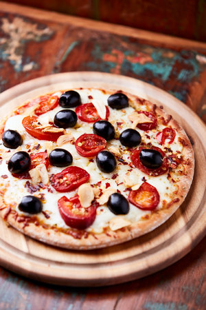 Pizza with mozzarella cheese, tomatoes and olives on wooden backgroundの写真素材