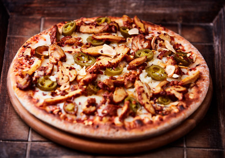 tasty pizza on a wooden background. tinting. selective focus on cheeseの写真素材