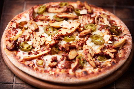 Pizza with ham, cheese and jalapeno on wooden backgroundの写真素材