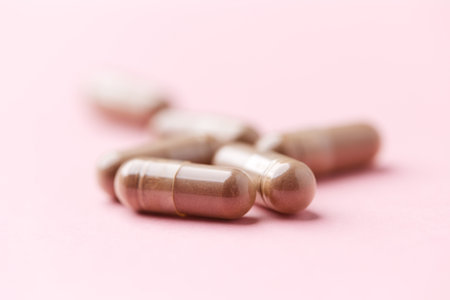 Close up of capsule pills on pink background. Focus on foreground, soft bokeh.