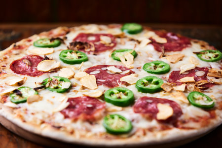 Pizza with salami, cheese and green pepper on wooden backgroundの写真素材