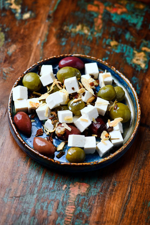 Greek salad with feta cheese, olives and nuts on old wooden table
