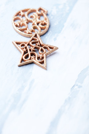 Christmas decoration on a blue background. Copy space for your text.の写真素材