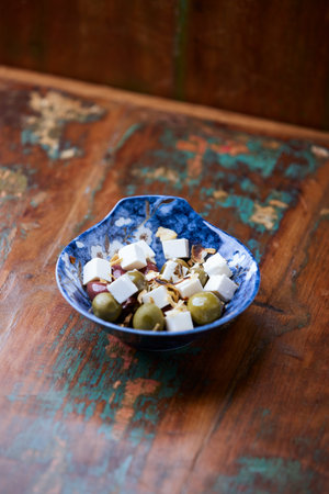 Greek salad with feta cheese and olivesの写真素材