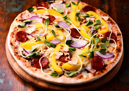 Pizza with salami and mozzarella cheeseの写真素材