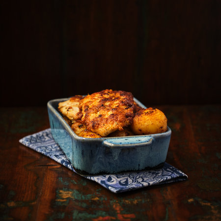 Fried chicken fillet with potatoes in a blue ceramic bowl on a wooden backgroundの写真素材