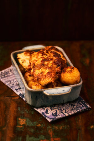 Fried chicken breast with potatoes. Rustic wooden background. Soft focus.の写真素材
