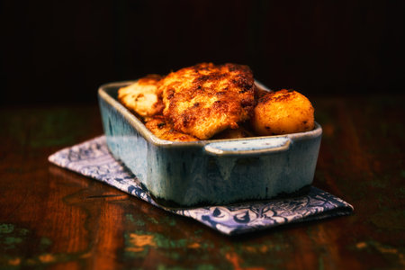Fried chicken breast with potatoes. Rustic wooden background. Soft focus.の写真素材