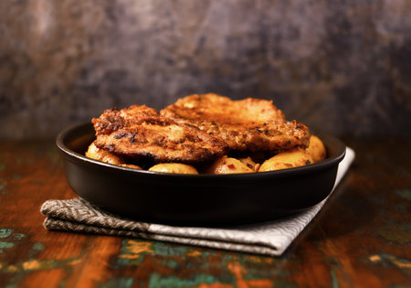 Fried potatoes with meat on a wooden background. Selective focus.の写真素材