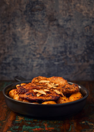 Fried pork steaks in a frying pan with potatoes. Rustic wooden background.の写真素材