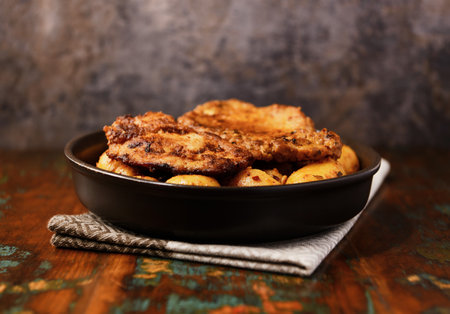 Fried pork steaks in a frying pan with potatoes. Rustic wooden background. Soft focus.の写真素材