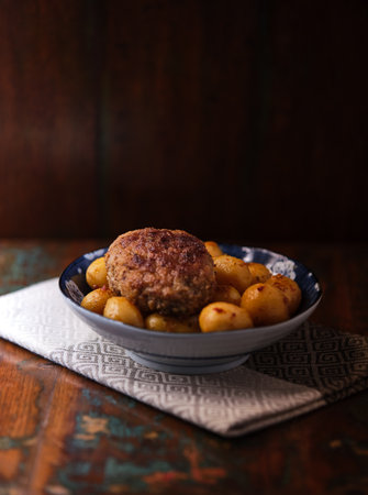 Fried meatballs with potatoes on a wooden background. Selective focus.