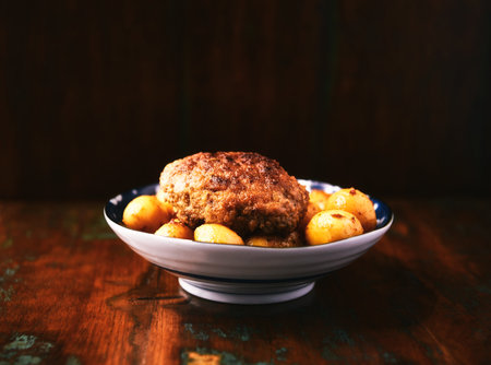 Homemade fried meatballs with potatoes on a wooden background. Selective focus.の写真素材