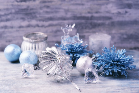 christmas decoration on a table, close-up and selective focusの写真素材