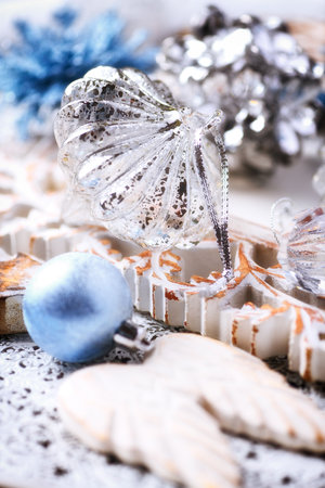 Christmas decoration on a wooden background. Selective focus. Holiday.の写真素材