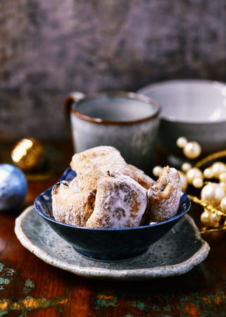 Traditional christmas cookies in on rustic wooden background. Soft focus.の写真素材