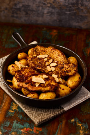 Fried pork steaks in a frying pan with potatoes. Rustic wooden background. Soft focus.の写真素材
