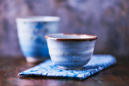 Traditional ceramic on rustic wooden background. Soft focus. Copy space.の写真素材