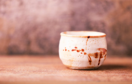 Traditional ceramic on rustic wooden background. Soft focus. Copy space.の写真素材