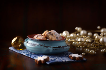 Christmas cookies in a ceramic bowl on a wooden table. Selective focus