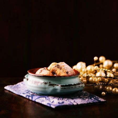 Christmas cookies in a bowl on a wooden background. Selective focus.の写真素材