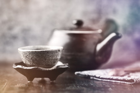 Traditional ceramic on rustic wooden background. Soft focus. Copy space.