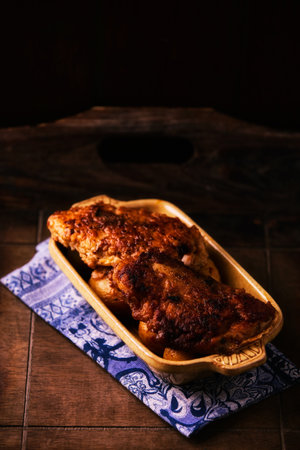 Fried chicken breast with potatoes. Rustic wooden background. Soft focus.の写真素材