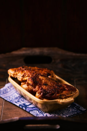 Fried chicken breast with potatoes. Rustic wooden background. Soft focus.の写真素材