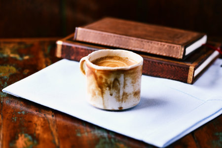 Coffee cup and old books on wooden table. Selective focus.
