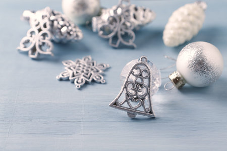 Christmas decoration on a blue wooden background. New Year and Christmas.