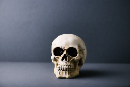 Human skull on grey background, halloween concept, copy space