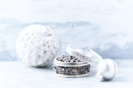 wedding rings on the table, christmas decoration, closeup