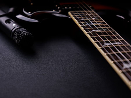 Guitar and microphone on a black background. Musical instrument.