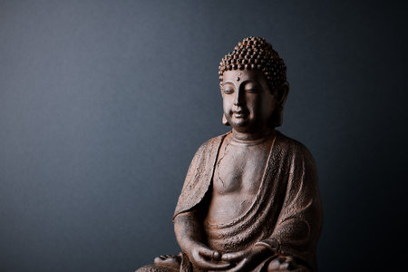 Buddha statue on dark background. Copy space for text.