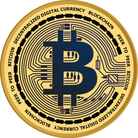 Crypto currency coin with black lackered bitcoin symbol on obverse isolated on white background. Vector illustration.のイラスト素材